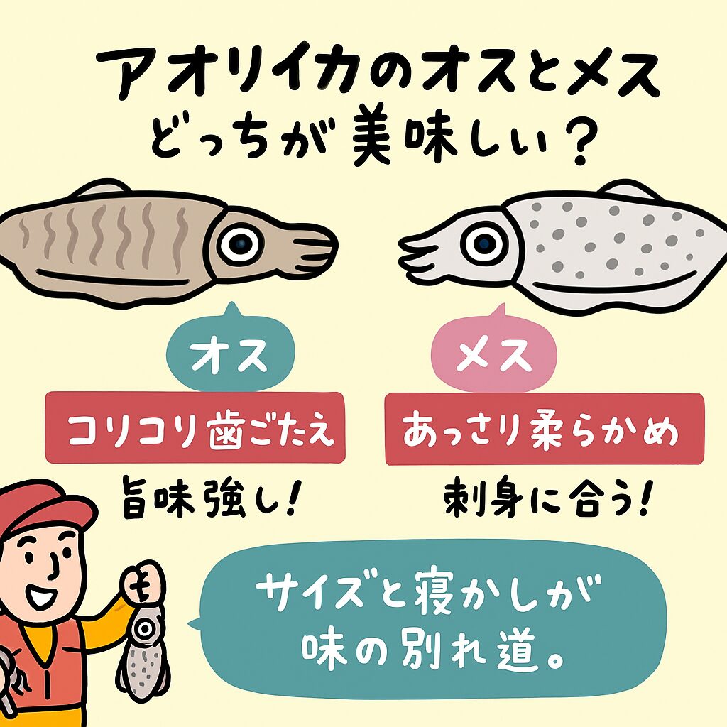 オスの特徴：アオリイカのオスは、身が厚く、コリコリとした食感。メスの特徴：身が薄めで柔らかく、あっさりとした味わい。釣太郎