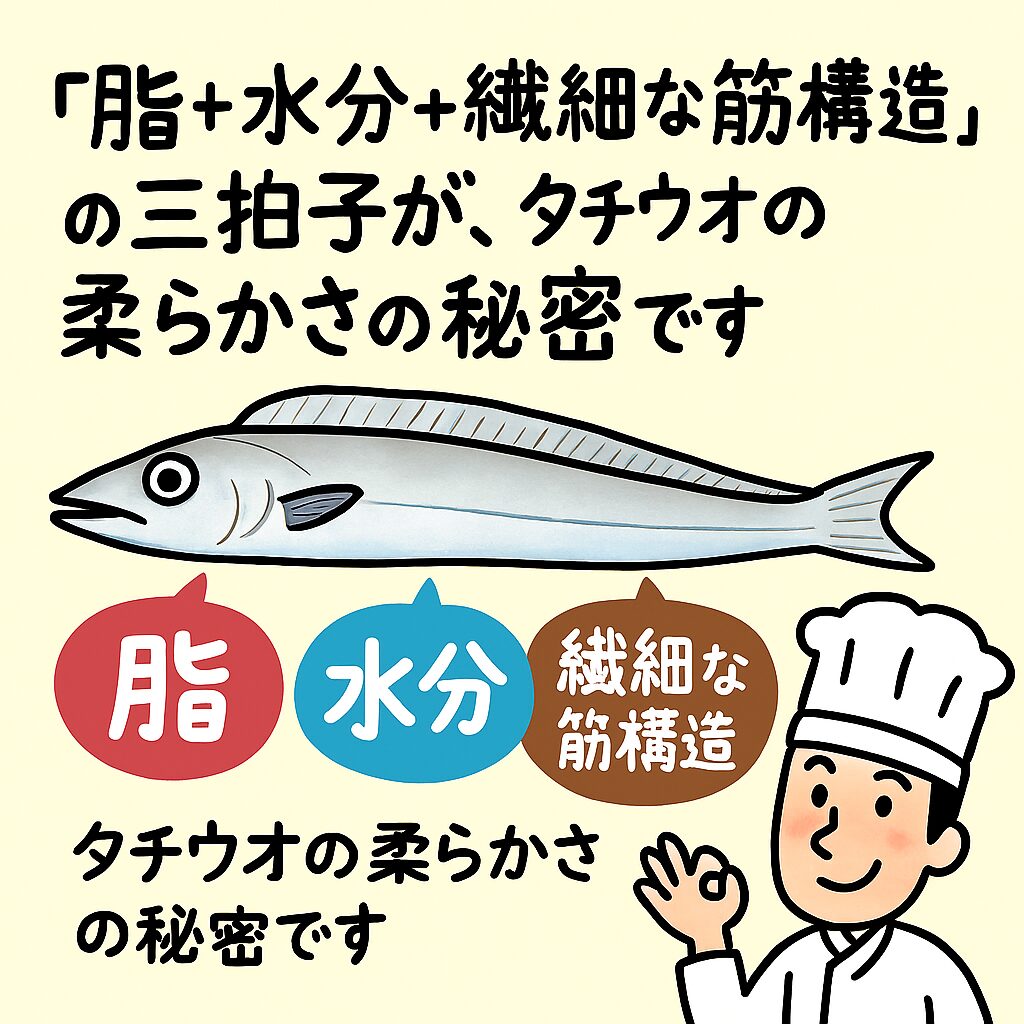 「タチウオの柔らかさは、脂・水分・筋繊維の三拍子が揃ってこそ。釣ったらすぐに締めて冷却し、皮付き炙りや塩焼きでその魅力を最大限に引き出しましょう。特に夏〜秋の個体は脂が乗っていて絶品です！」釣太郎