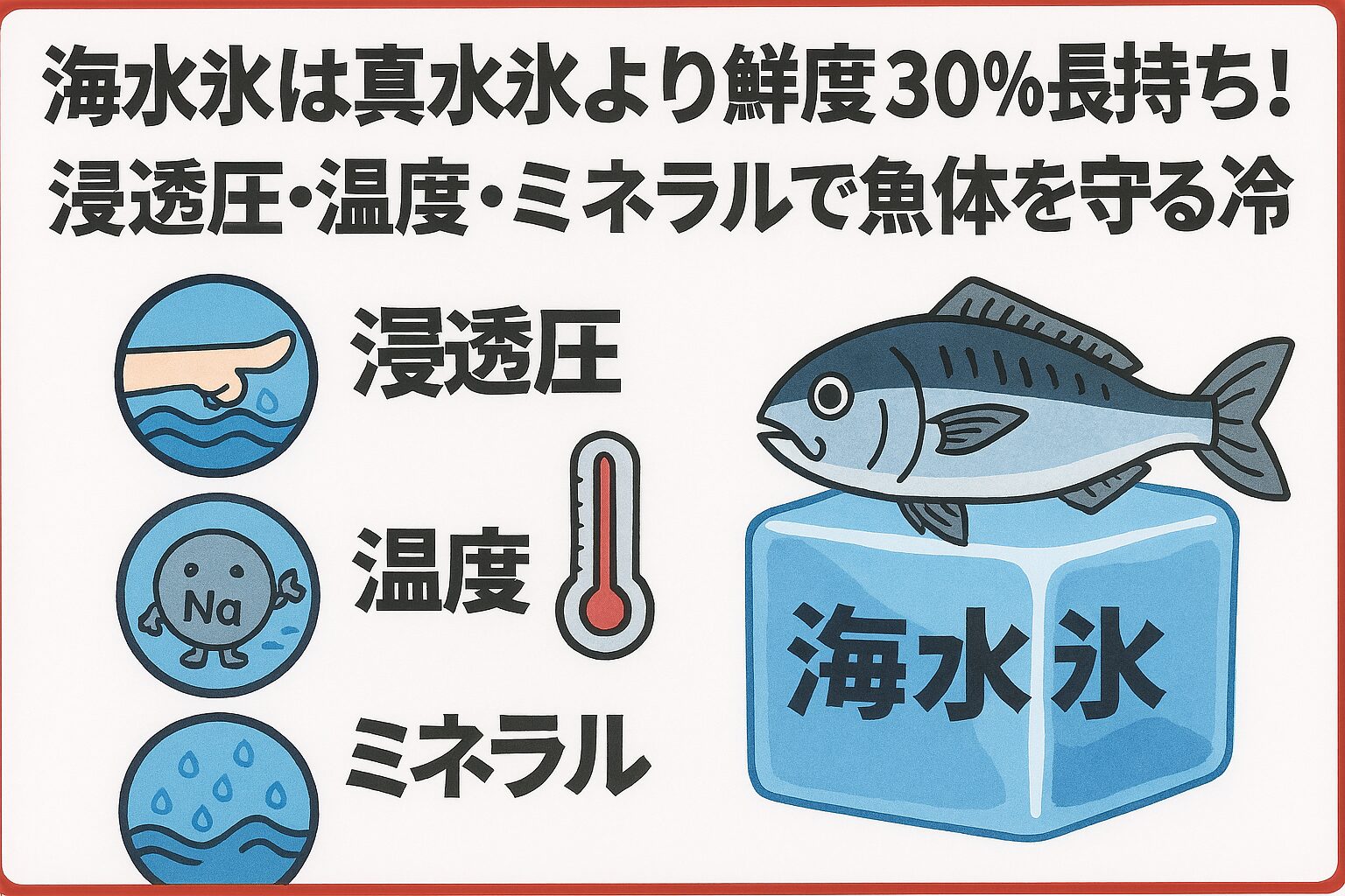 釣り人の声：「海水氷に変えてから、魚の味が全然違う！」「カンパチの甘みが残ってる！」「持ち帰って刺身にしたら、家族が驚いた」「釣った魚を最高の状態で食べたいなら、海水氷一択」釣太郎