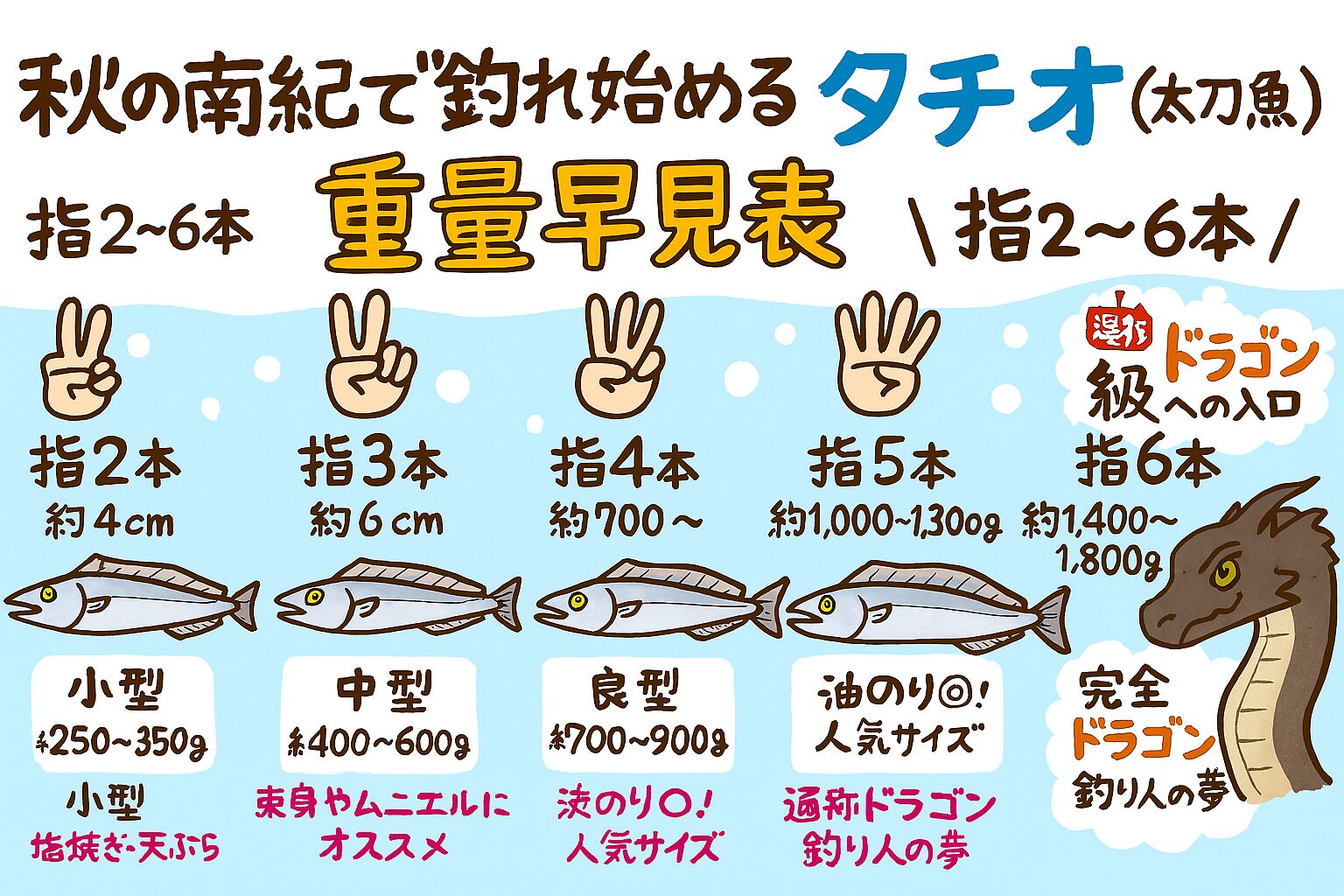 南紀の秋の風物詩・タチウオ釣り！指2〜6本サイズ別「重量早見表」で釣果を即チェック！釣太郎