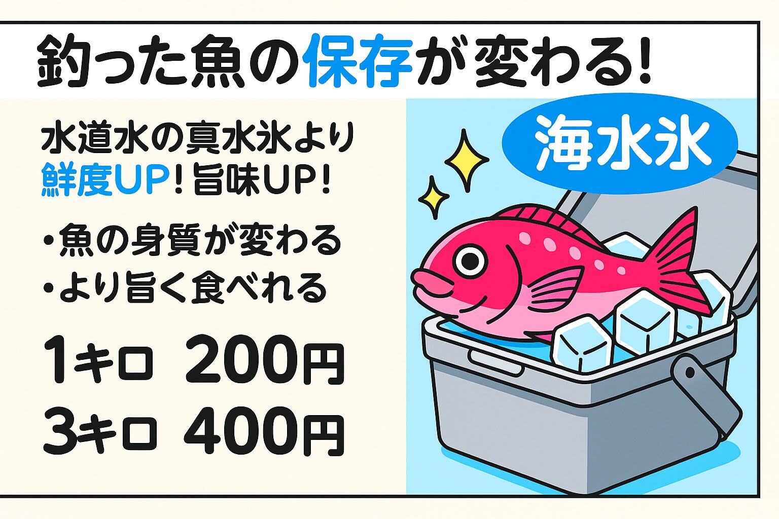 魚の美味しさは「釣った後の冷却」で決まる！ 釣った魚を最高の状態で食べたいなら、冷却方法を海水氷に変えるだけで劇的に変わります。 釣太郎の海水氷は、鮮度・味・安全性を守る“命の氷”。