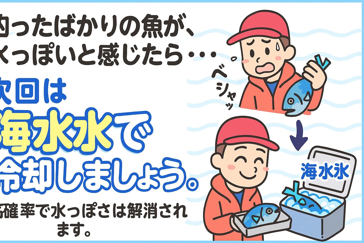 魚の鮮度を守るカギは「海水氷」釣った魚を真水や普通の氷で冷やすと、 ・浸透圧の違いで身に水分が入りやすくなる ・表面が急激に冷えて身割れしやすくなる といった問題が起こりやすくなります。釣太郎