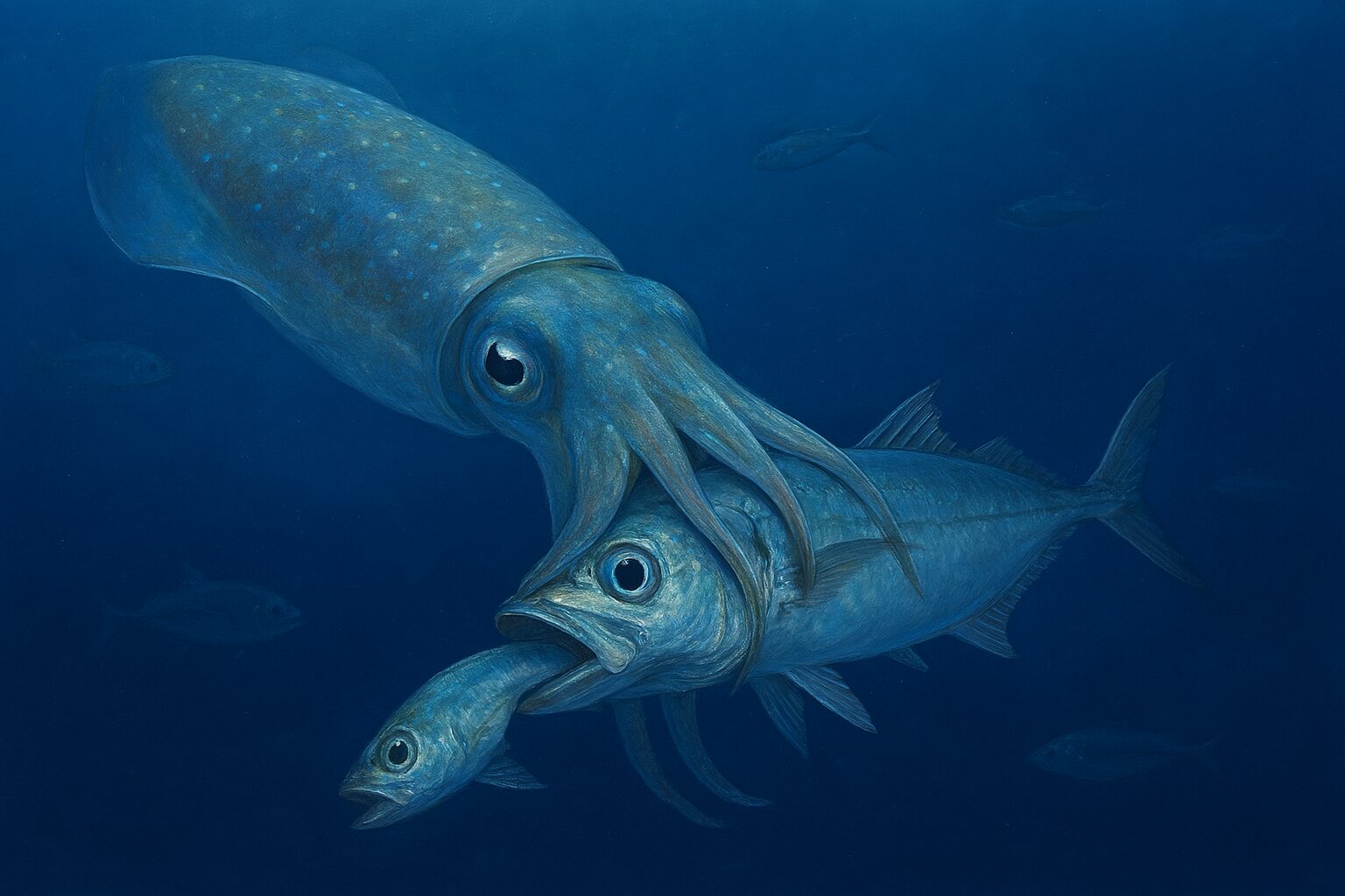 アオリイカの捕食とサイズの関係。アオリイカは胴長の倍サイズの魚にもアタックすることがある。獲物の大きさは「関係あるが、絶対的な制限ではない」。動きや弱り具合の方が重要な判断材料。目の前にあっても、状況次第では捕食しないこともある.釣太郎