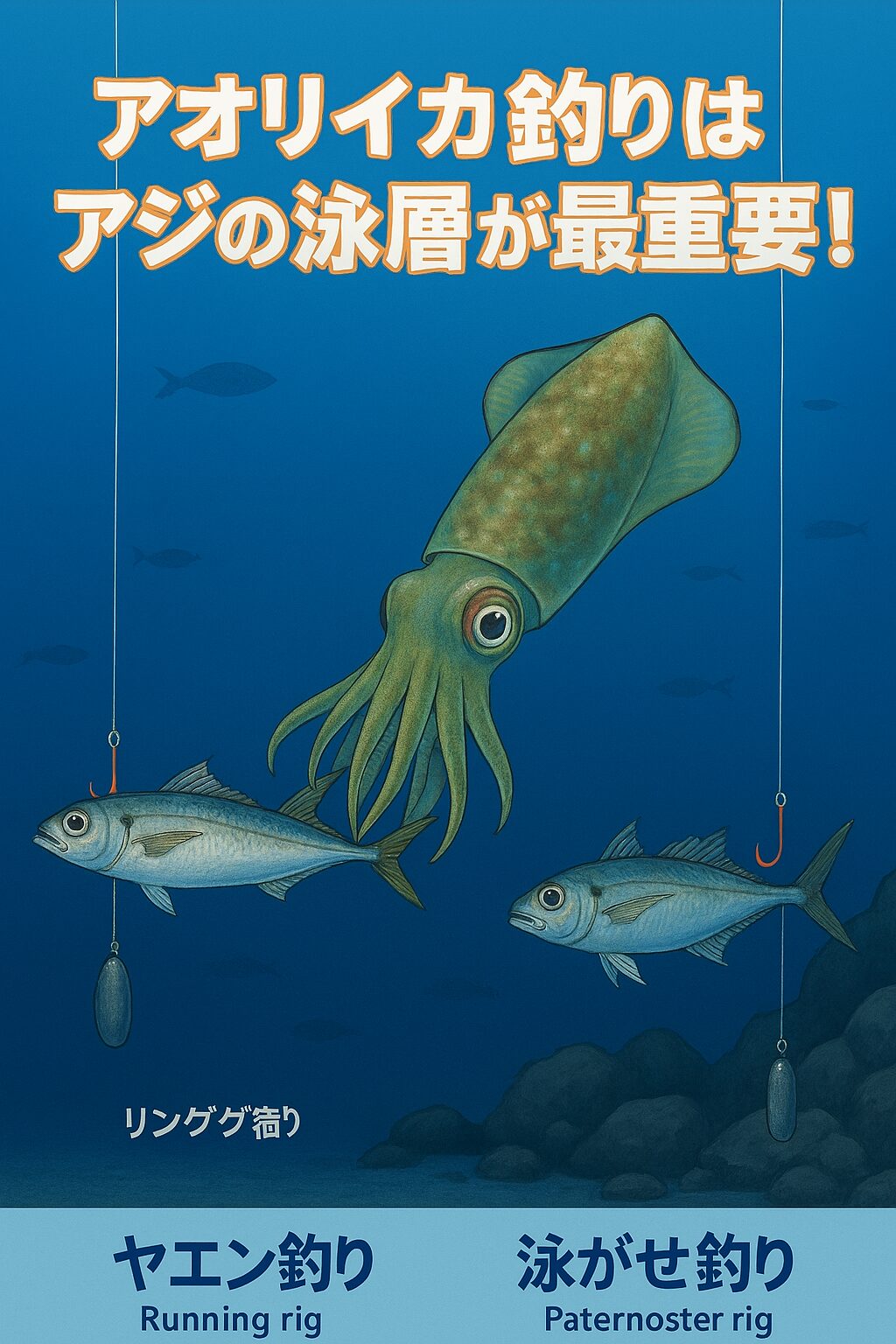 泳層を制する者がアオリイカを制す！ アジのサイズは釣果に影響するが、泳層の方が圧倒的に重要 中層〜ボトム付近を意識した仕掛け調整がカギ 状況に応じて泳層を変えることで、アタリの数が劇的に変化。釣太郎