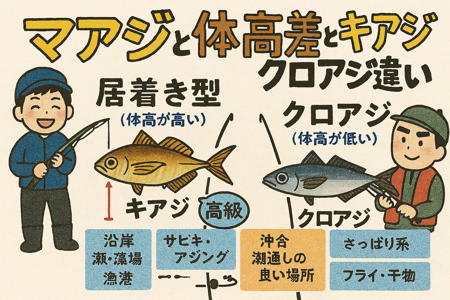 マアジの体高差は、居着き型と回遊型の生態的違いによるもの。釣り人にとっては、釣果・食味・狙い方に直結する重要な知識です。キアジを狙うなら浅場、クロアジなら沖合。釣太郎