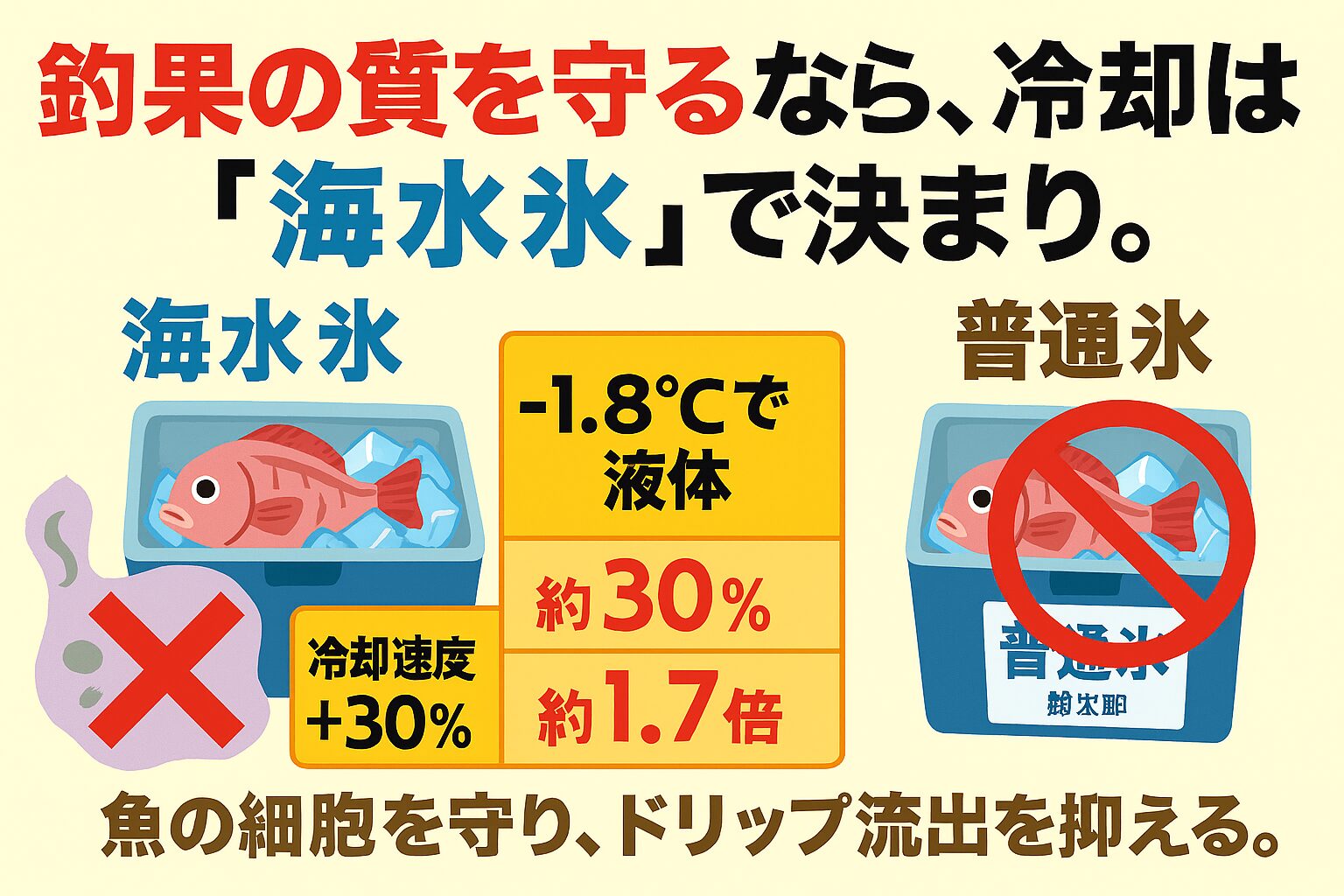 釣果の価値は冷却で決まる。釣った魚を最高の状態で持ち帰るには、冷却の初動が命。海水氷は、科学的にも実証された「鮮度保持の切り札」。釣太郎