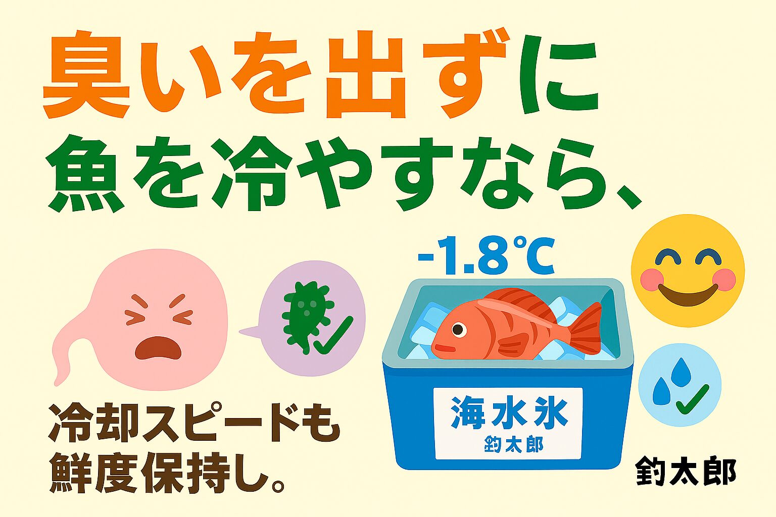 釣った魚の価値は、冷却の初動で決まります。臭いを抑え、鮮度と味を守るなら、海水氷が最も効果的。釣太郎の黒潮氷なら、手軽に導入できて効果も実証済み。