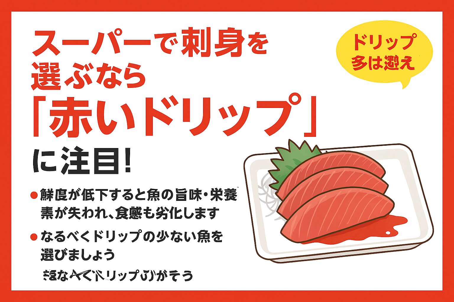 魚の刺身パックは底の液体量をチェック ドリップが多いものは避け、トレイが乾いているか、ドリップシートが清潔なものを選びましょう。釣太郎