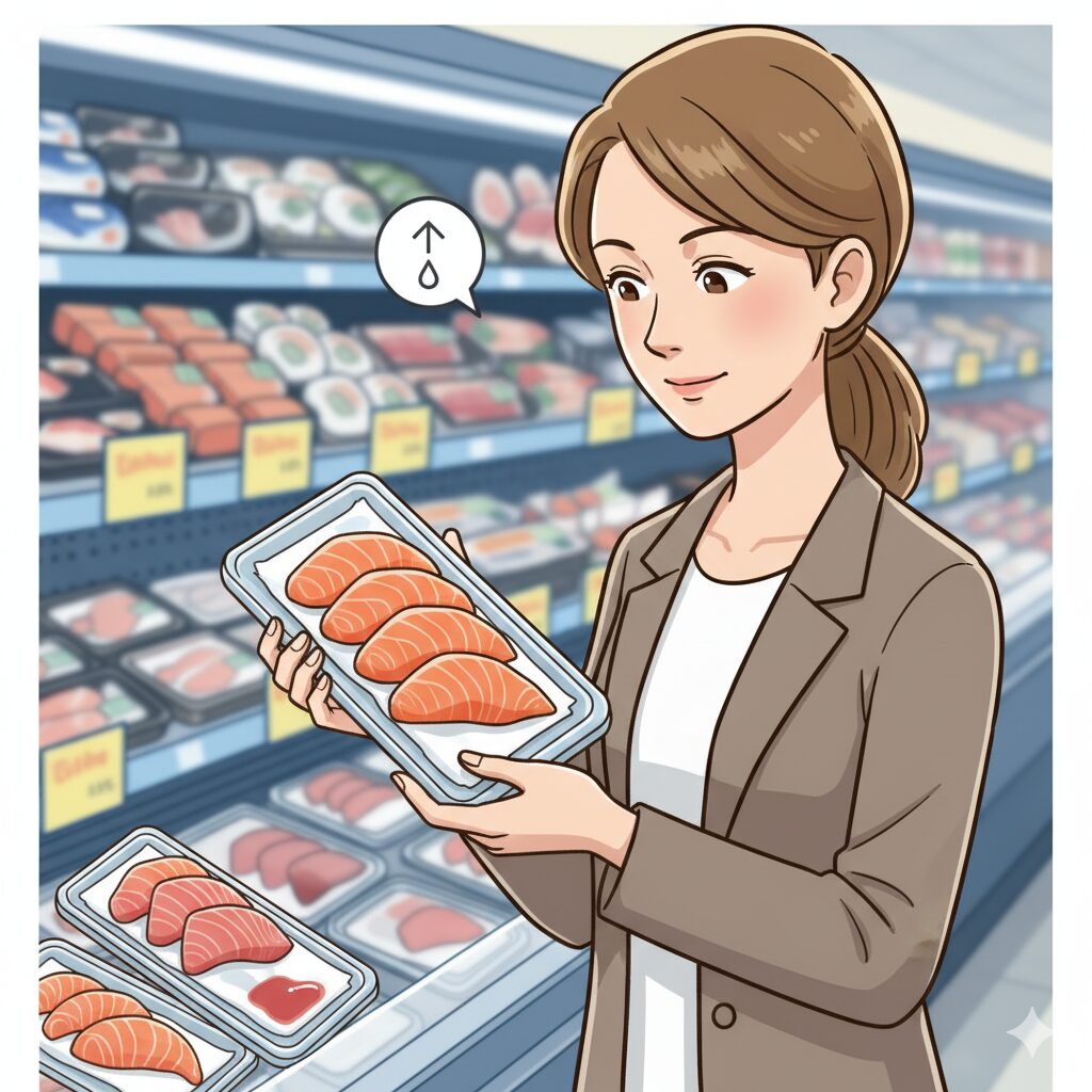 スーパーで美味しい刺身を選ぶために、最優先で「ドリップが少ない」パックを選ぶ（旨味の流出を防ぐ） 次に「身のツヤ」「角の立ち方」をチェックする（視覚的な鮮度） 最後に「血合いの色」や「加工日」を確認する.釣太郎
