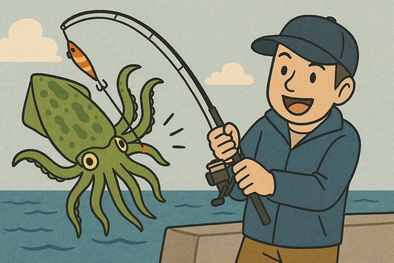 岩場を通じて、「カン！カン！」という甲高い金属音と振動がダイレクトに海中へ伝わります。アオリイカ釣り入門。釣太郎