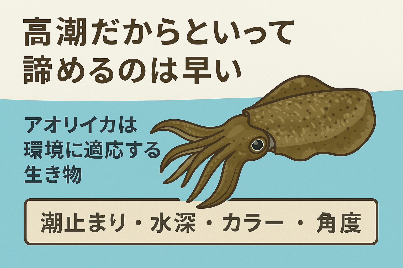 アオリイカ釣り、高潮時は「潮位」そのものより、「風・濁り・流れの不安定さ」が釣りにくさの原因。潮が高い時は無理をせず、風裏や深場を狙いましょう。釣太郎