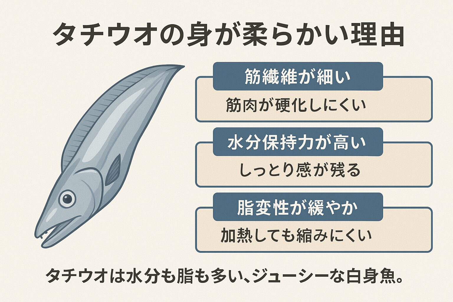 タチウオは白身魚でありながら脂質が約8〜15％と高く、この脂が筋肉中の水分と混ざることで、滑らかでジューシーな舌触りを作り出します。この「脂＋水分＋繊細な筋構造」の三拍子が、タチウオの柔らかさの秘密です。釣太郎