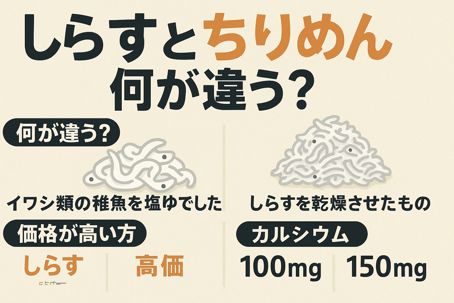シラスとちりめんは同じ魚だが、シラス＝ゆでただけ（柔らか・甘味・安価）。ちりめん＝乾燥（旨味濃縮・栄養豊富・高価）。カルシウムはちりめんが約1.5倍多く、価格も高め。栄養を重視するならちりめん、食感と優しさを求めるならシラスが最適。釣太郎