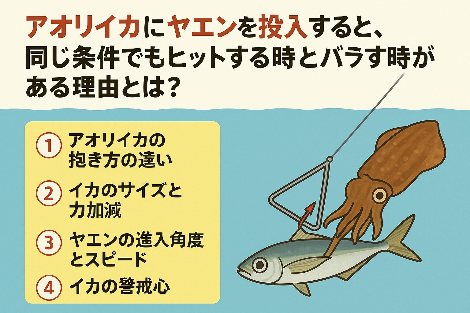 ヤエン釣り、同じ条件に見えても、アオリイカの抱き方・サイズ・活性・アジの状態・ヤエンの進入角度が結果を左右する。「ヒットする時とバラす時がある」のは、目に見えない差が積み重なっているから。釣太郎