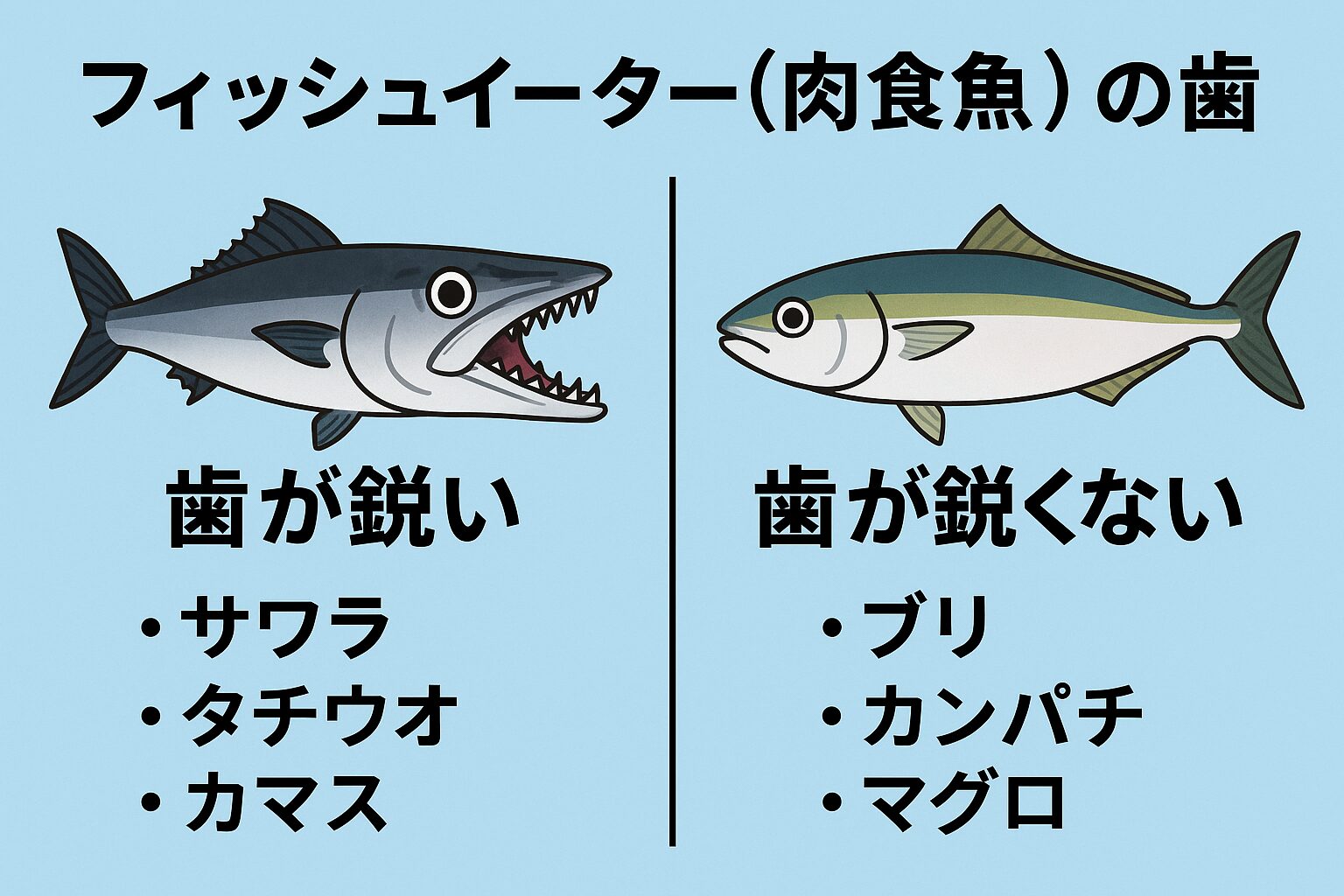 フィッシュイーターは大きく2タイプに分かれます。鋭い歯タイプ:噛み切って仕留める(サワラ・タチウオ・カマス)歯が目立たないタイプ:丸飲みで仕留める(ブリ・カンパチ・マグロ)捕食スタイルの違いが、そのまま歯の形状に現れているのです。釣太郎
