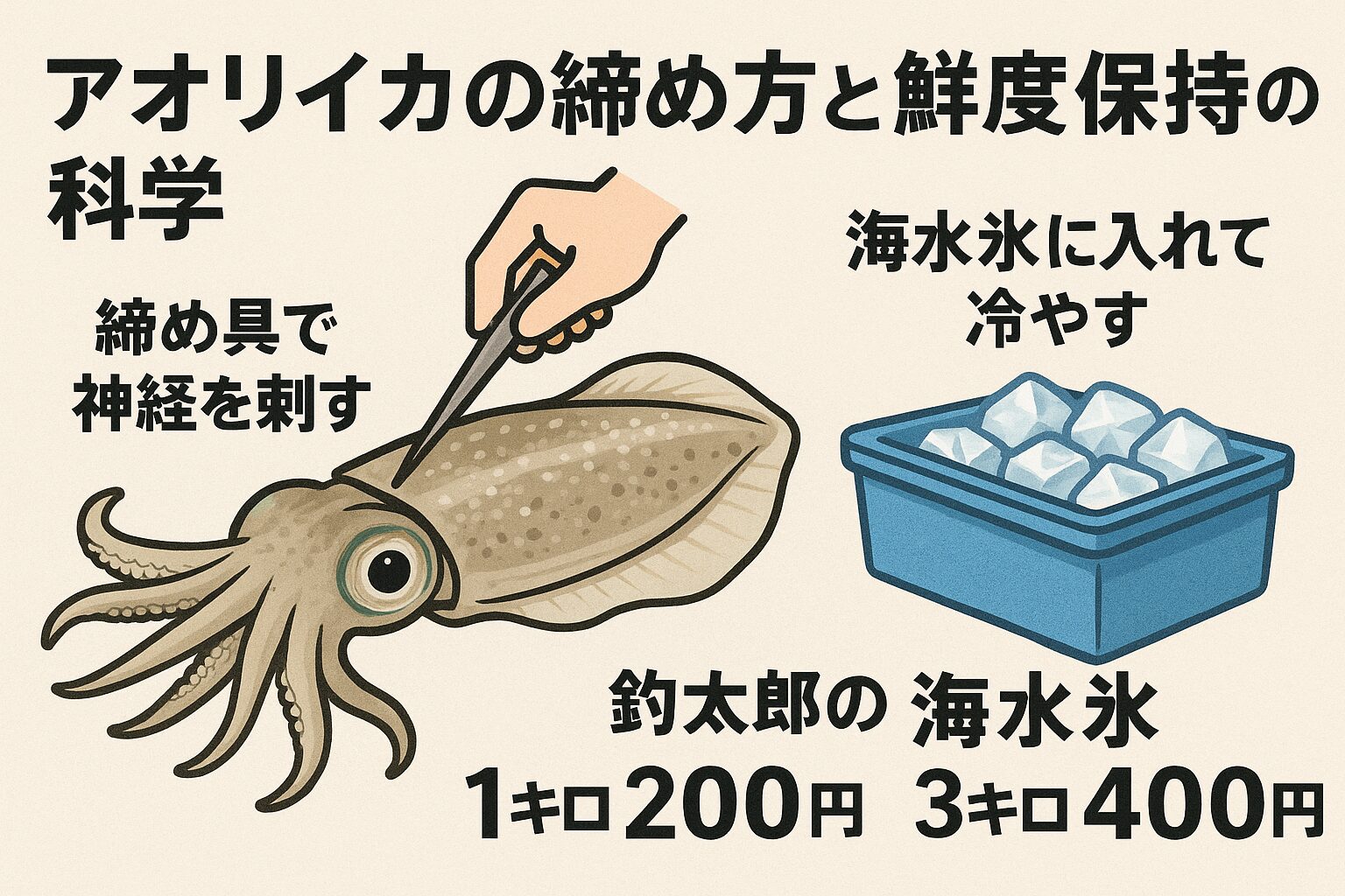 アオリイカは「締め方」と「冷やし方」で味が決まる生き物です。
正しく締めて海水氷で冷やせば、釣ったそのままの美味しさを家庭でも堪能できます。釣太郎