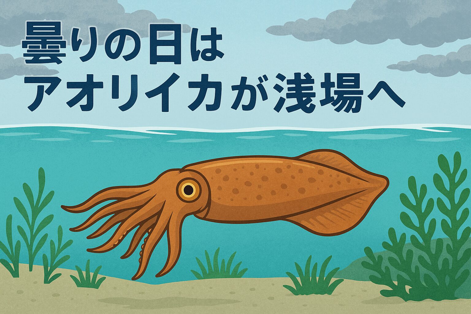 アオリイカ、日中でも曇り時は曇りの日は光量が落ち、警戒心が薄れる。ベイトを追って、普段はいない浅場まで上がってくる。釣太郎