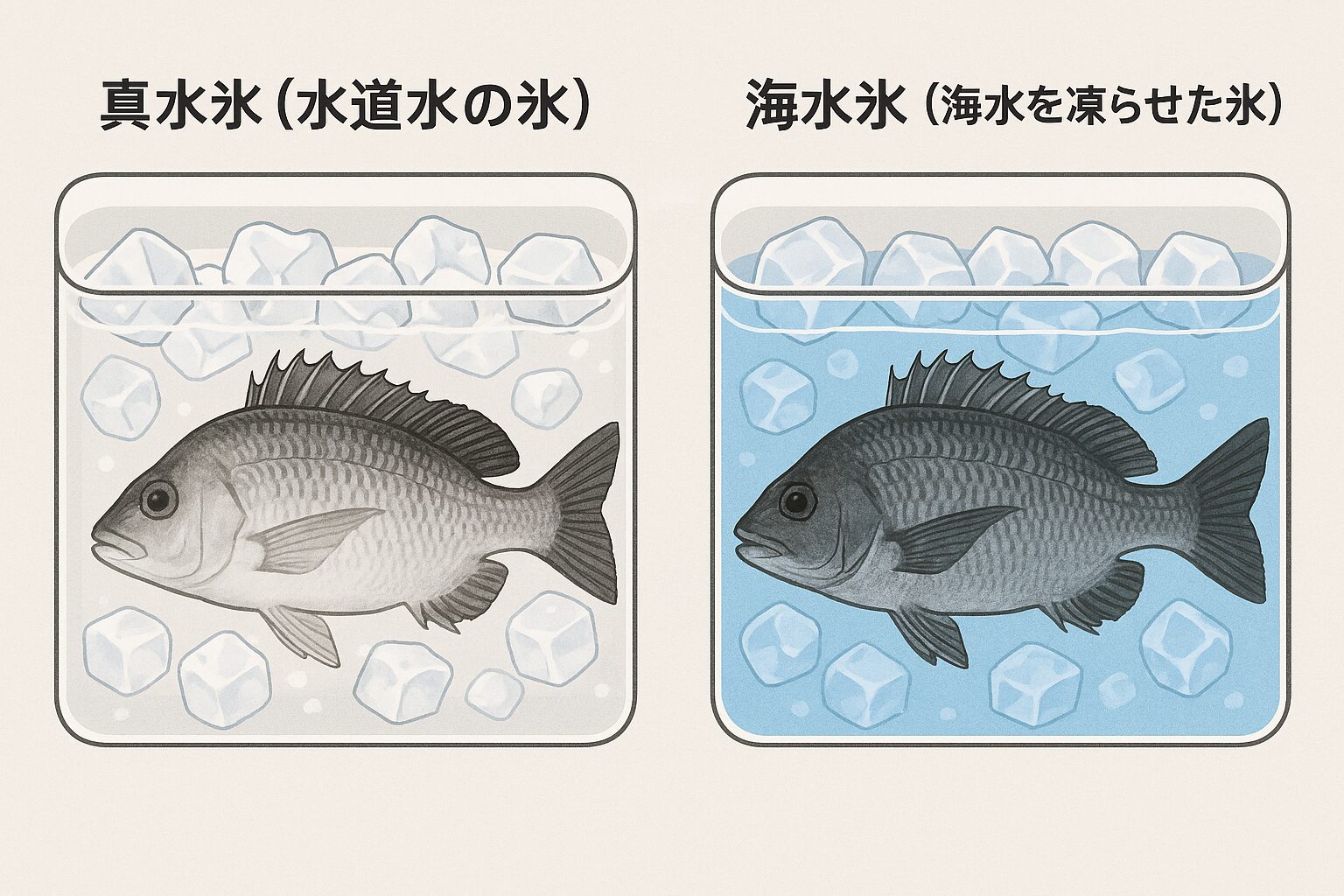 黒鯛(チヌ)を真水氷で冷やすと、身が白く濁り、旨味が抜けてしまいます。一方、海水氷なら細胞を守りながら急速冷却でき、見た目も味も抜群。釣太郎