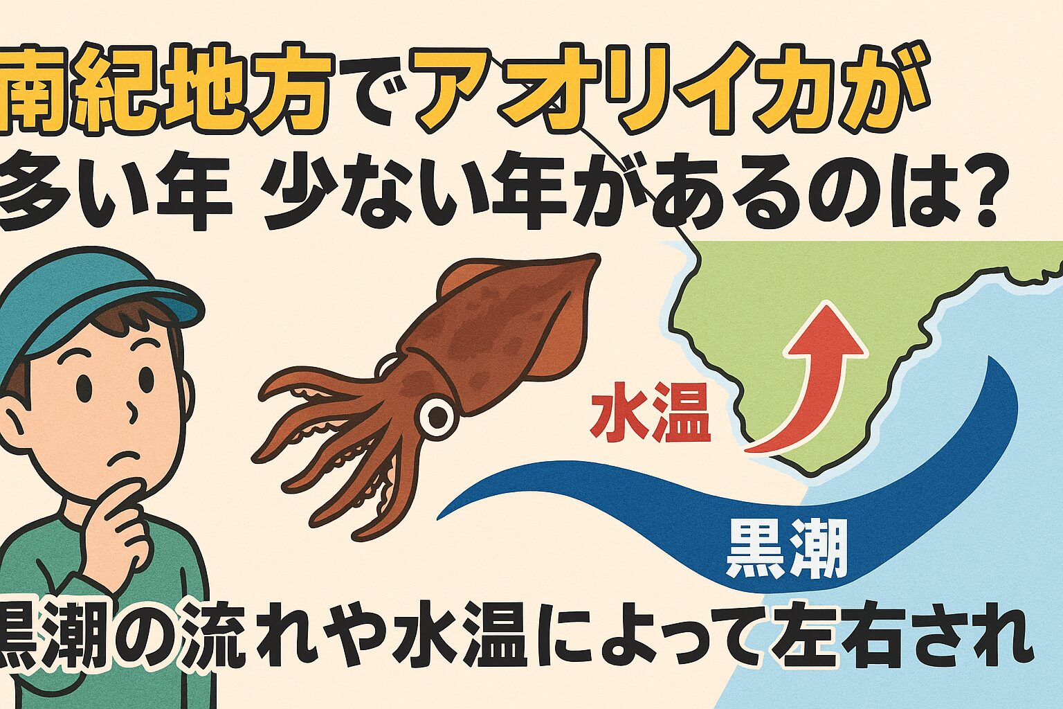 アオリイカの多い・少ない年を分けるのは、 以下の5つの自然要因です。黒潮の流れ（接岸 or 蛇行）春の水温と風向き、海藻の繁茂状況、雨量と塩分バランス、冬〜春の気温変化、これらがうまくかみ合った年が「当たり年」となります。釣太郎