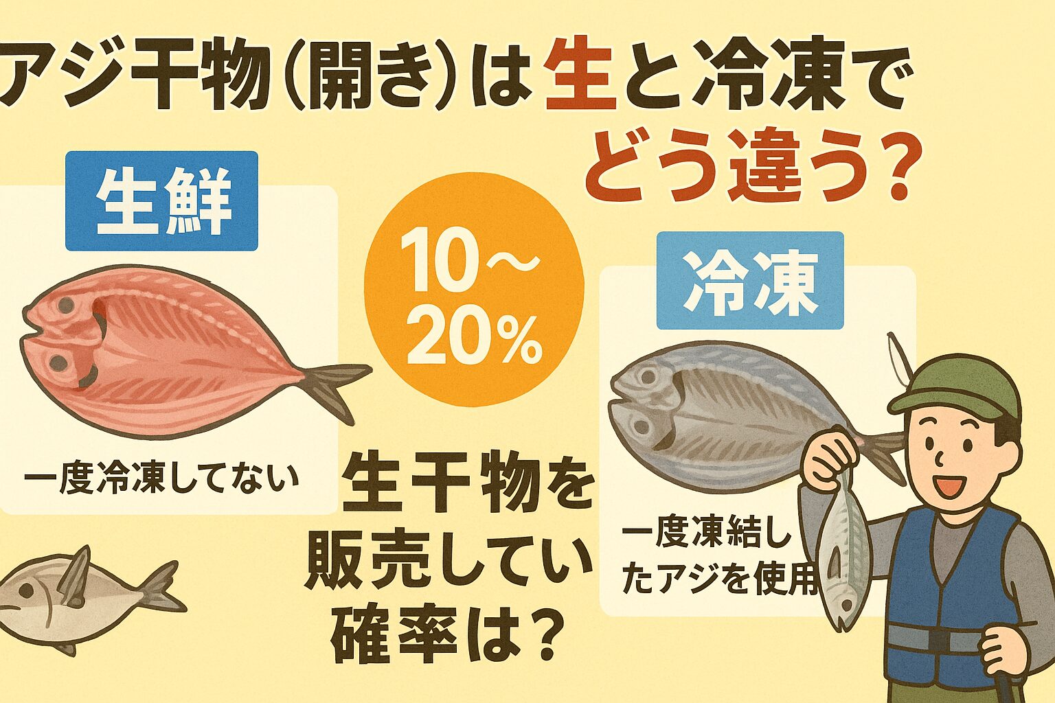 アジ干物には「生干物」と「冷凍干物」がある。流通の大半は冷凍経由で、生干物を買える確率は10〜20%程度。釣り人は“釣りたてをそのまま干す”ことで、本物の生干物を味わえる。釣太郎