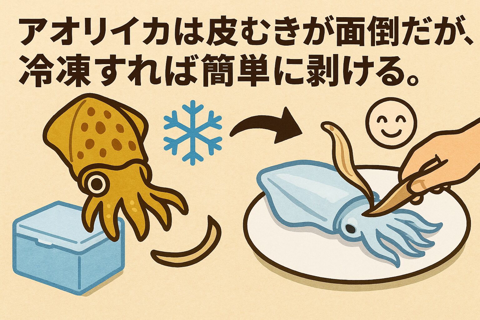 アオリイカの皮むきが面倒なのは、身と皮が細かい繊維でしっかり結びついているから。冷凍すれば簡単。釣太郎