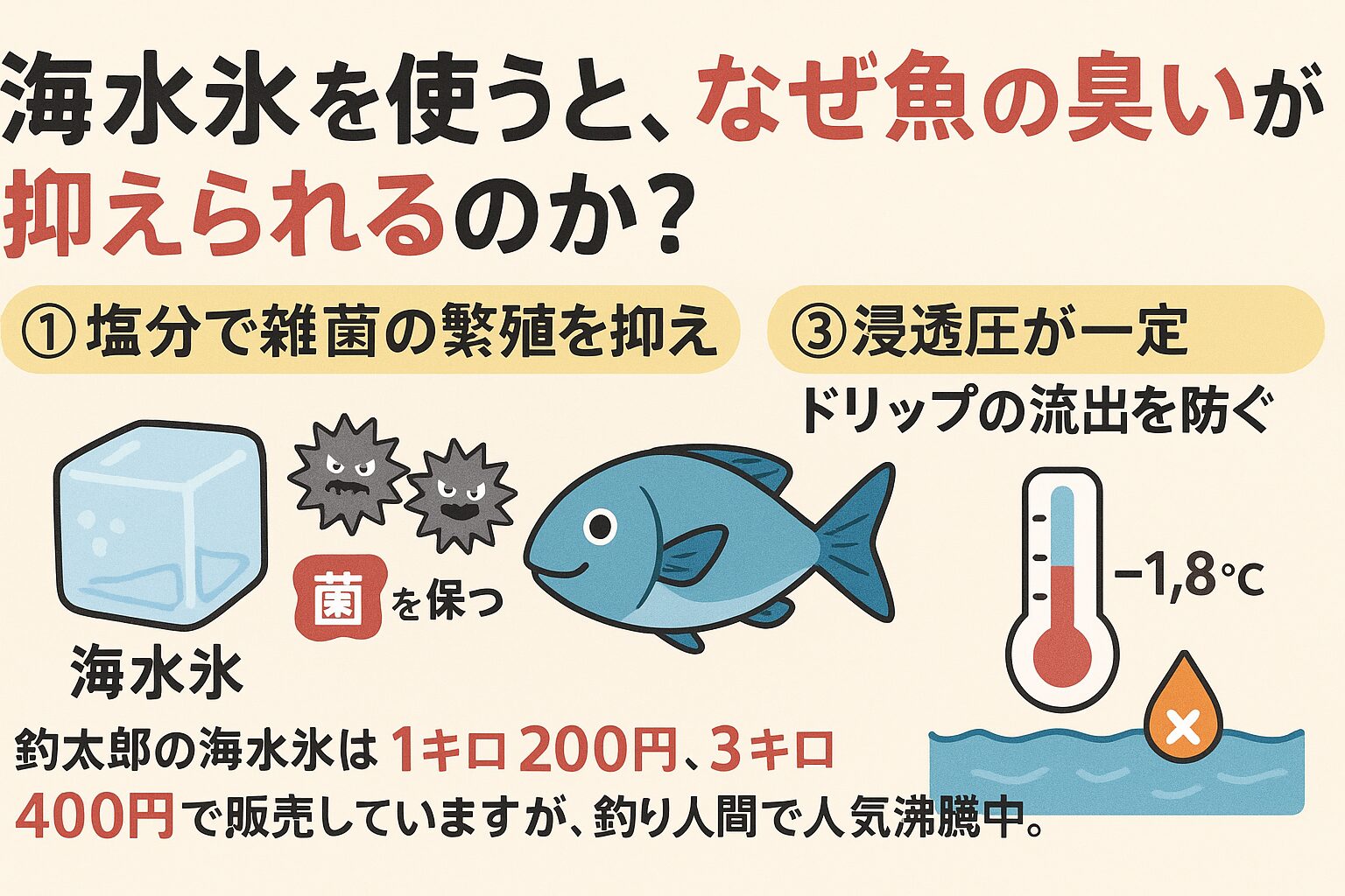 海水氷は−1.8℃で冷却力が高く、塩分が雑菌繁殖を防止。 浸透圧のバランスでドリップが出にくく、臭いの原因を根本から抑える。 釣太郎の海水氷は天然海水100％で、1kg200円・3kg400円とコスパ抜群。