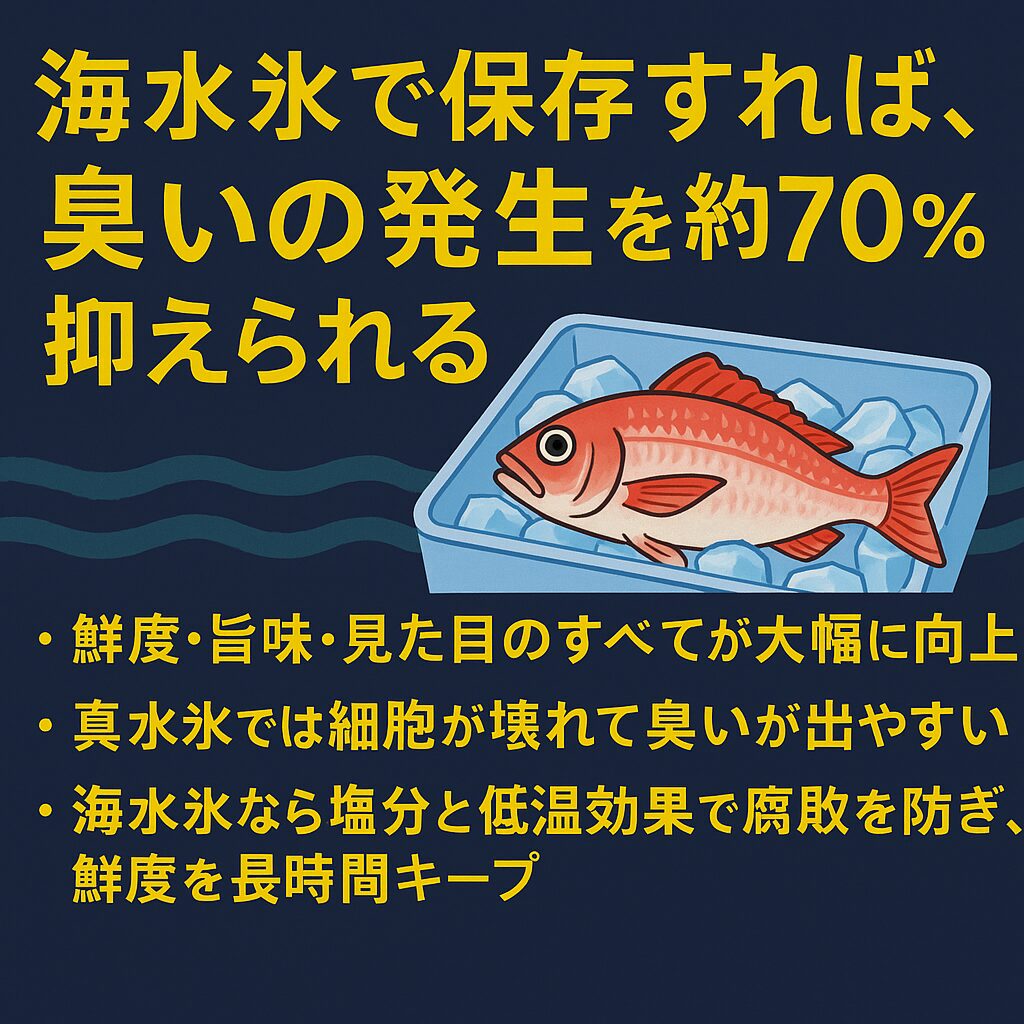 海水氷は「臭い・鮮度・旨味」すべてを守る。海水氷で保存すれば、臭いの発生を約70％抑えられるだけでなく、鮮度・旨味・見た目の三拍子がそろう最高の状態を保てます。魚の細胞を守り、腐敗を防ぎ、香りまでコントロールできるのが海水氷の強みです。釣太郎