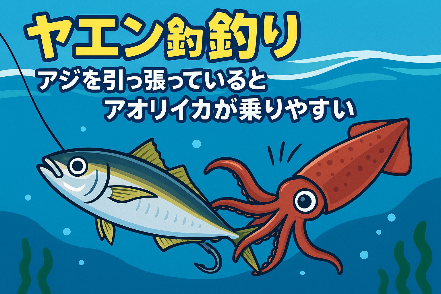 ヤエン釣りでアジを引っ張るとアオリイカが乗りやすいのは、3つの要素が重なっているから。動きによる生体反応の誘発（動くものへの反応）。反射光と波動による捕食スイッチON。動と静のリズムによる興奮状態の維持。釣太郎