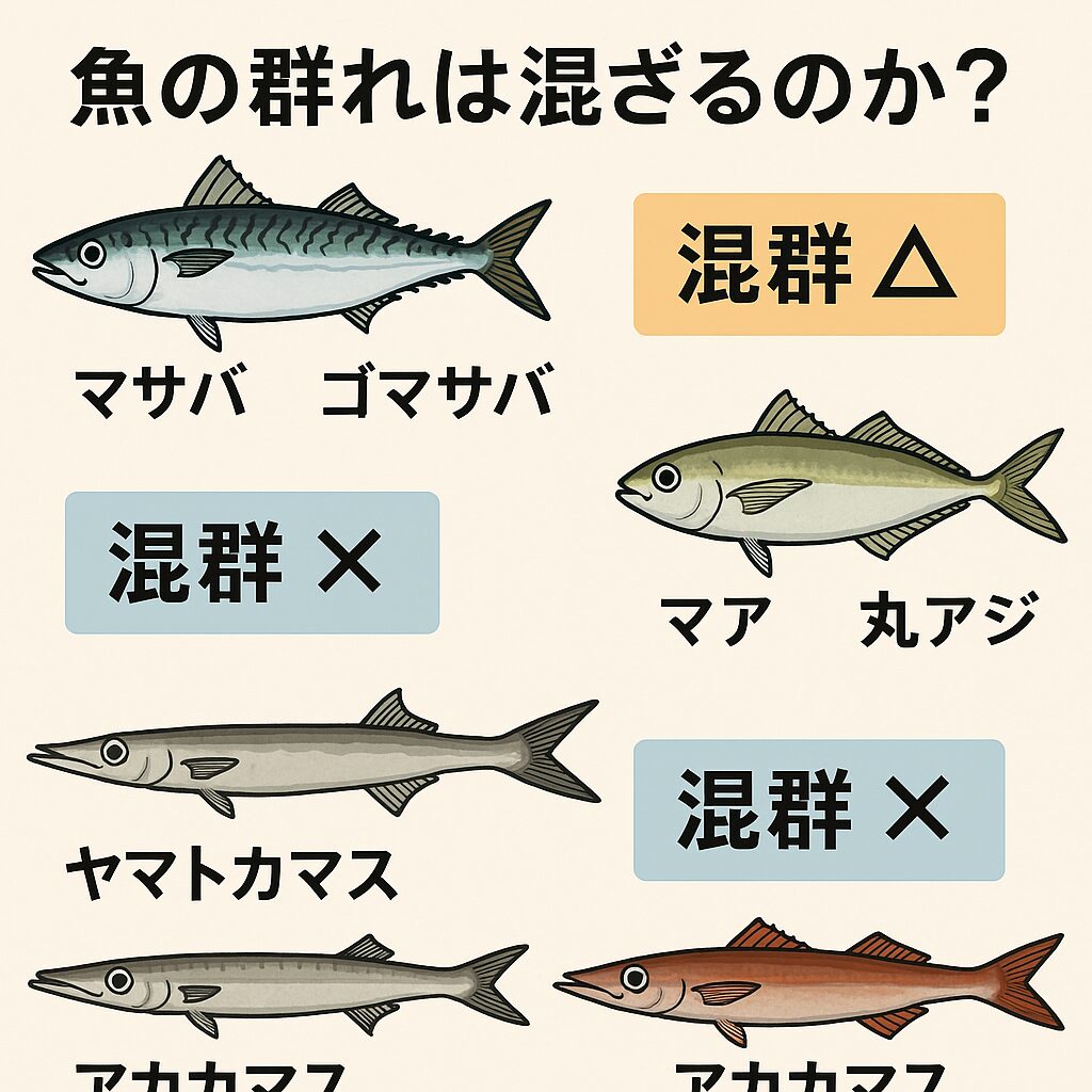 見た目がそっくりでも、魚の群れは種ごとに明確な“生活リズム”を持っています。
マサバとゴマサバのように一時的に交わることはあっても、マアジと丸アジ、ヤマトカマスとアカカマスは、生息環境そのものが違うため混ざらないのです。釣太郎
