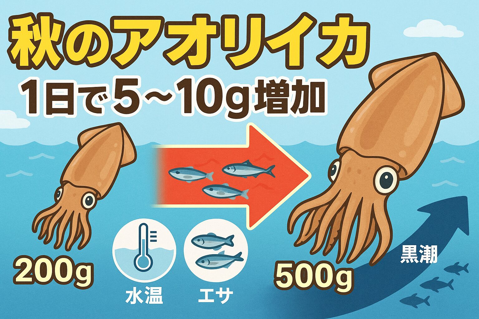 秋のアオリイカは、環境・水温・エサ・光量という4つの条件が整うことで、1日5〜10gという驚異のスピードで成長します。釣り人にとってこの季節は、数も型も楽しめる最高のタイミング。釣太郎