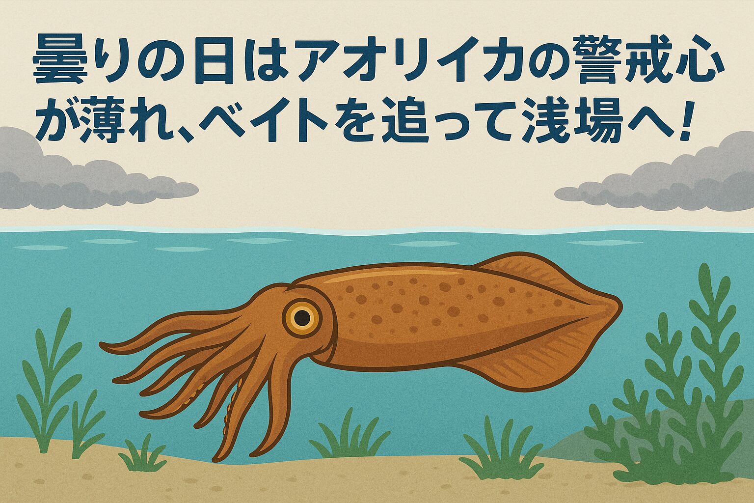 「曇りの日は、アオリイカの警戒心が薄れ、ベイトを追って浅場へ上がってくる」 このゴールデンタイムを逃す手はありません。釣太郎