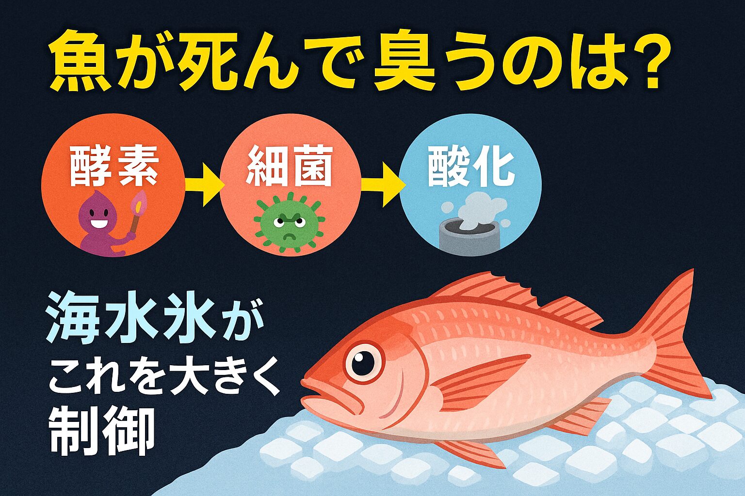 魚が死んで臭くなるのは、酵素分解・細菌繁殖・酸化の3つが連鎖するため。海水氷は−2℃の低温・塩分バリア・酸化防止の三重効果で、この連鎖を制御。その結果、臭いを約70%抑え、鮮度・旨味・見た目すべてを守る。釣太郎