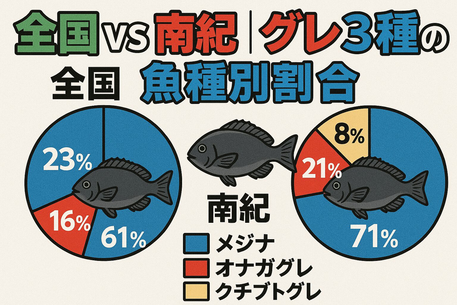 口太グレ（メジナ）、オナガグレ（クロメジナ）、オキナメジナ。紀南地方と全国区の比率割合。釣太郎