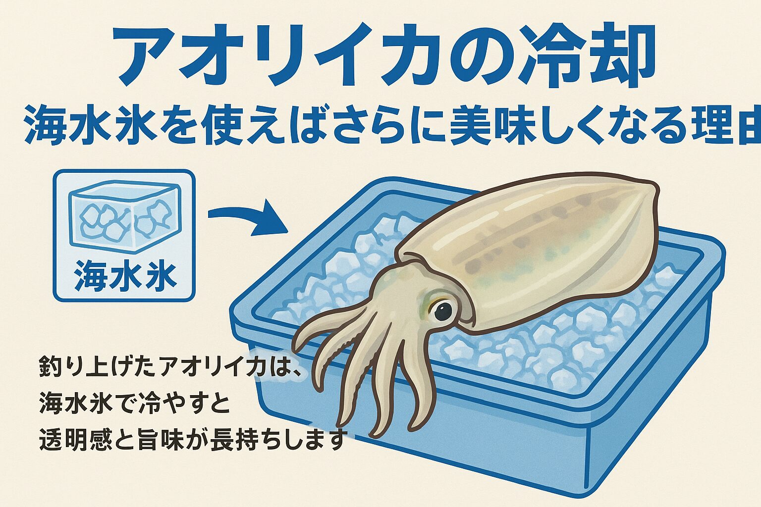 アオリイカを最高の状態で持ち帰るなら、海水氷が最強の選択肢です。身が白くならない 甘味と旨味が逃げない 翌日でも透明感キープ。釣太郎