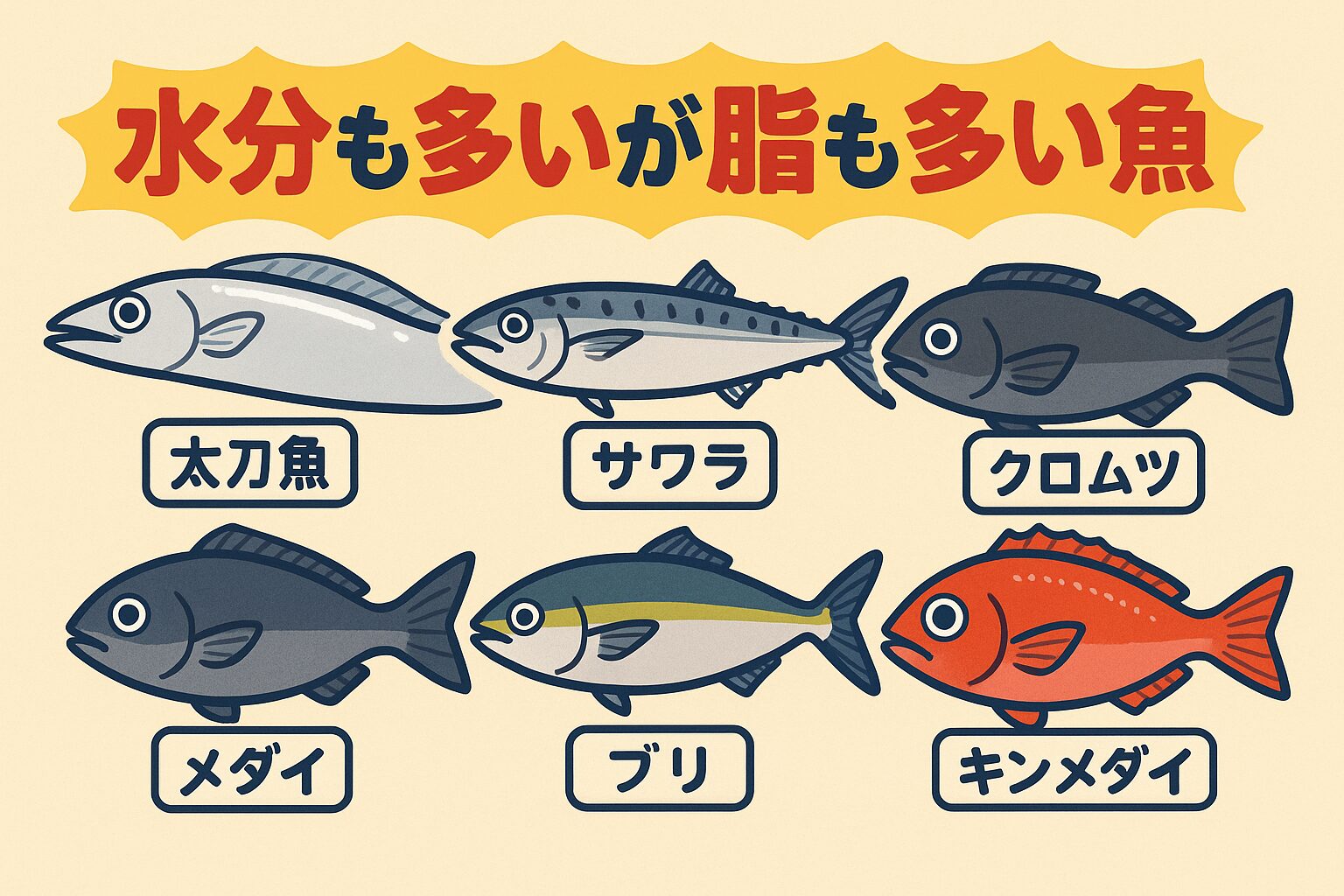 タチウオは「水分80%・脂質10%前後」という特異な構造で、しっとり柔らかい身質。同じような特徴を持つ魚は、サワラ・クロムツ・メダイ・キンメダイ・ブリなど。
・これらは深場や中層に生息し、浮力のために脂を多く蓄えるタイプ。釣太郎