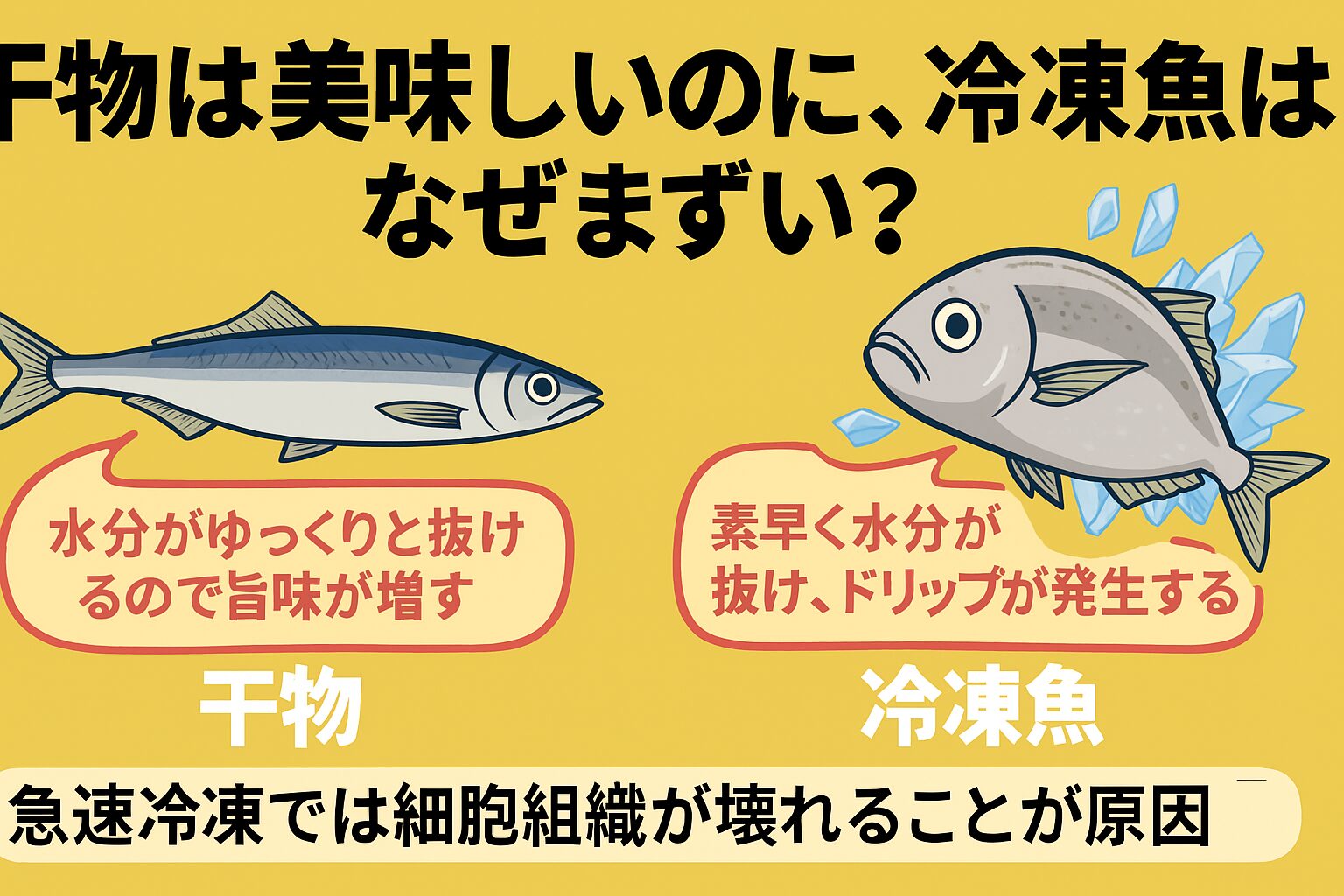 魚の干物と冷凍品は「水分が抜ける」という現象でも、細胞レベルで起きていることは全く違います。釣太郎