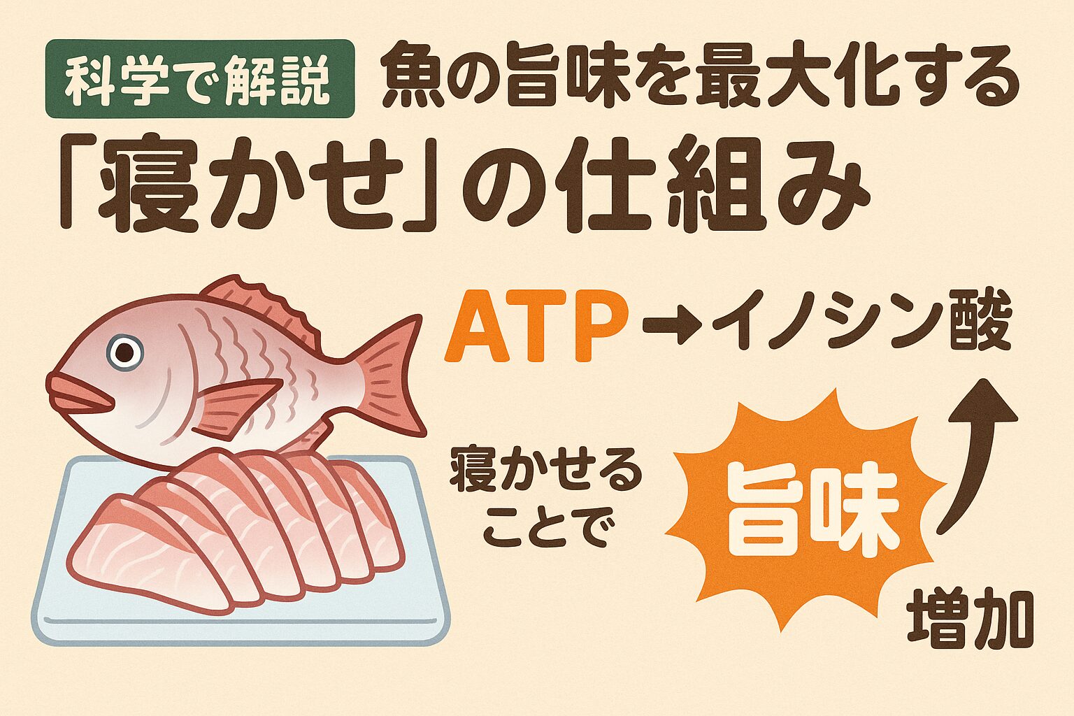 魚は“死んでから旨くなる”生き物。寝かせることでATPがイノシン酸に変わり、旨味がピークに達します。温度0〜2℃で2〜3日が最適。釣太郎