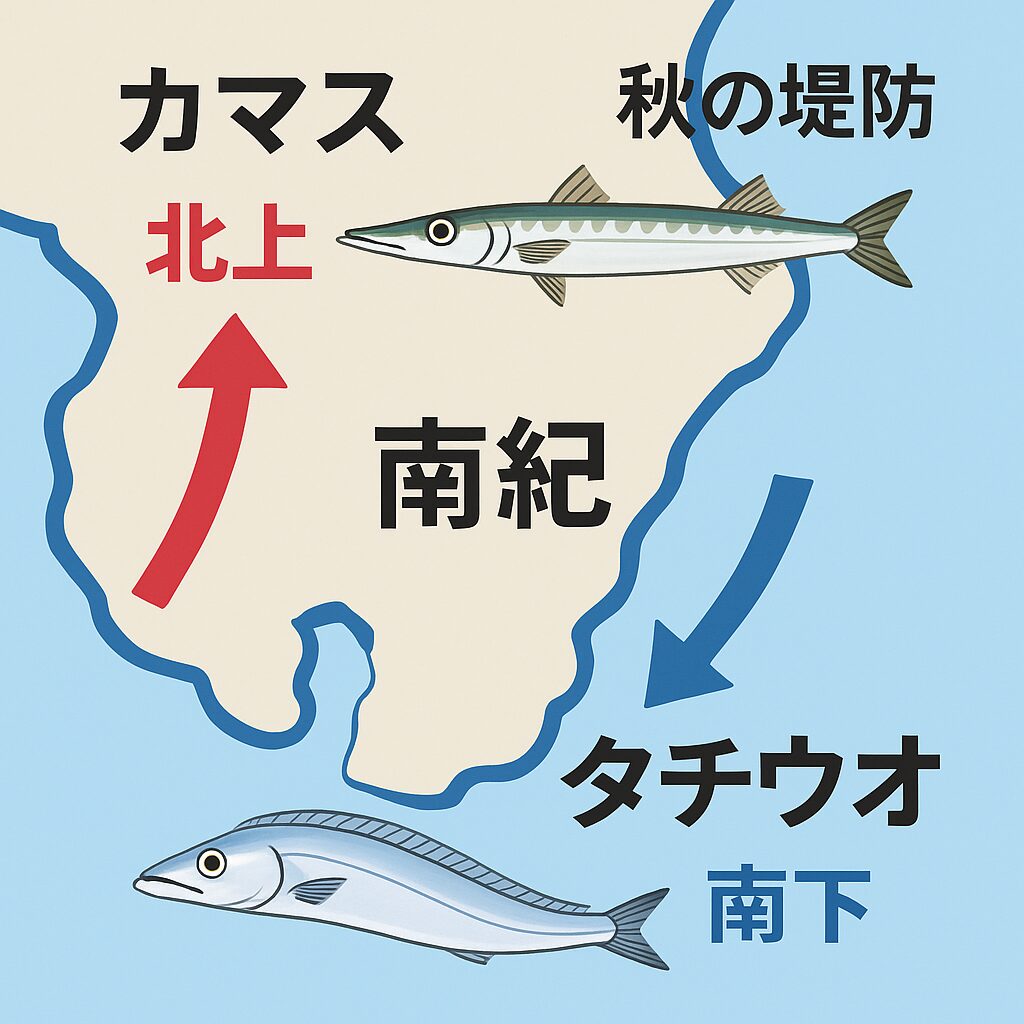 黒潮と水温が作る“逆方向の回遊ドラマ”カマスとタチウオの動きは、黒潮の分流と水温帯の変化によって真逆になります。・カマス=水温の下がる北側へ・タチウオ=暖かい南側へ。釣太郎