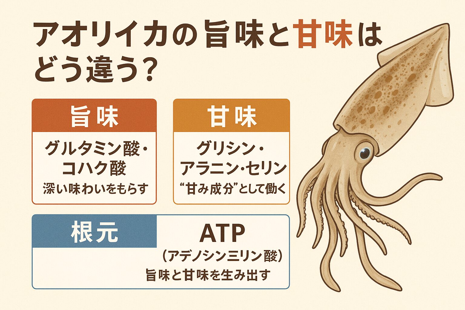 アオリイカの美味しさは「旨味」「甘味」どちらもアミノ酸が主役。
ATPの分解が旨味を生み、活動量と筋肉の質が甘味を作る。
冷やし方ひとつで味は激変し、海水氷こそが最高の保存方法。釣太郎