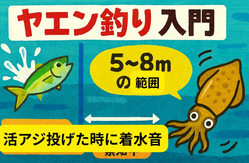 ヤエン釣り、アオリイカは最大15m先の活けアジを感知できる可能性があるため、投入時の音・振動・泳ぎ方を意識することで、釣果アップにつながります。釣太郎