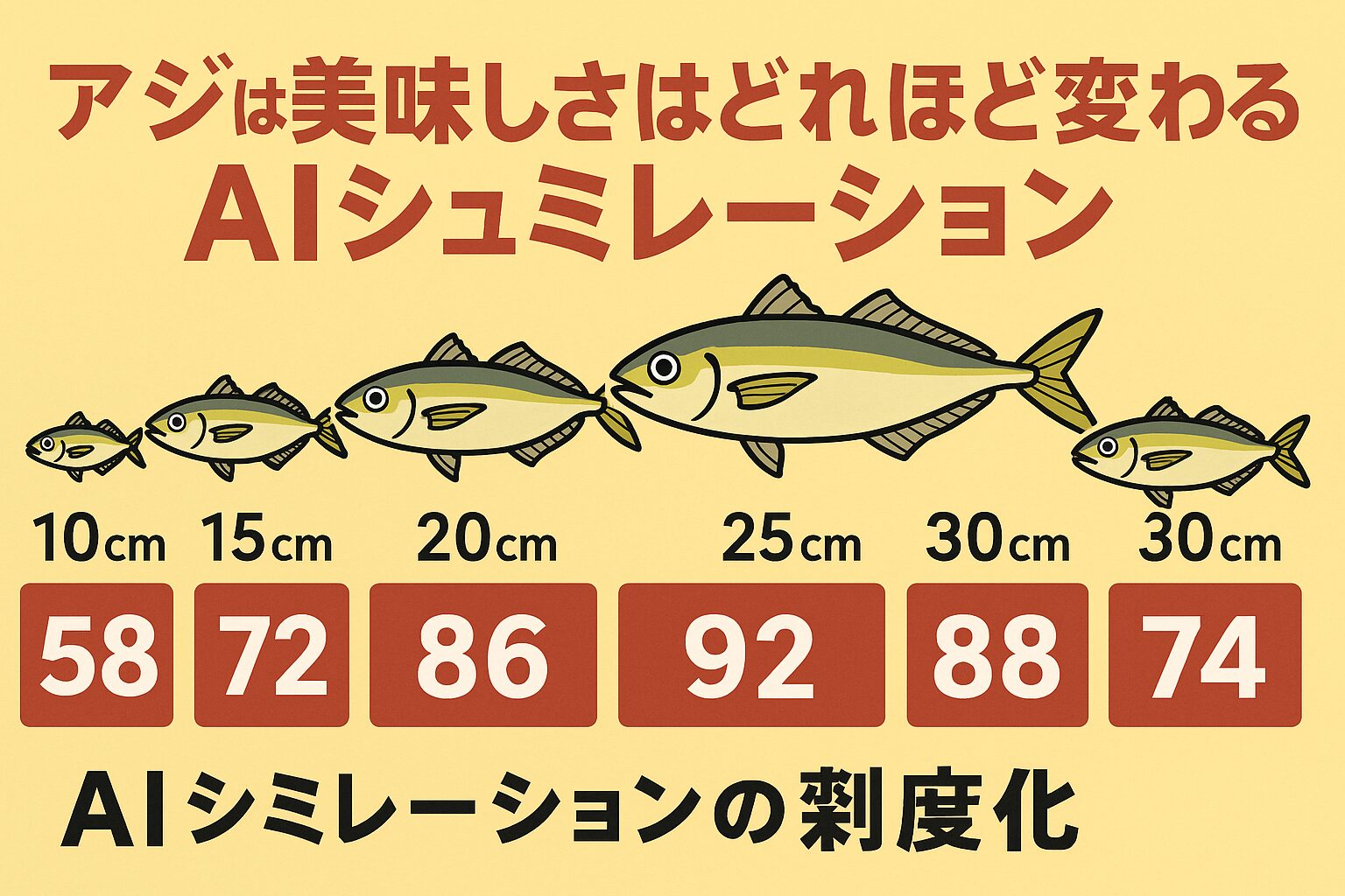 アジの美味しさはサイズによって変化します。10〜15cm：香ばしさ中心（揚げ物向き）20cm：バランスの取れた味わい。25cm：脂・旨味・食感すべて最高（AI評価92点）30cm以上：脂が強く濃厚（調理法を選ぶ）「アジは大きければ美味しい」というわけではなく、25cm前後が最も美味しい黄金サイズ。釣太郎