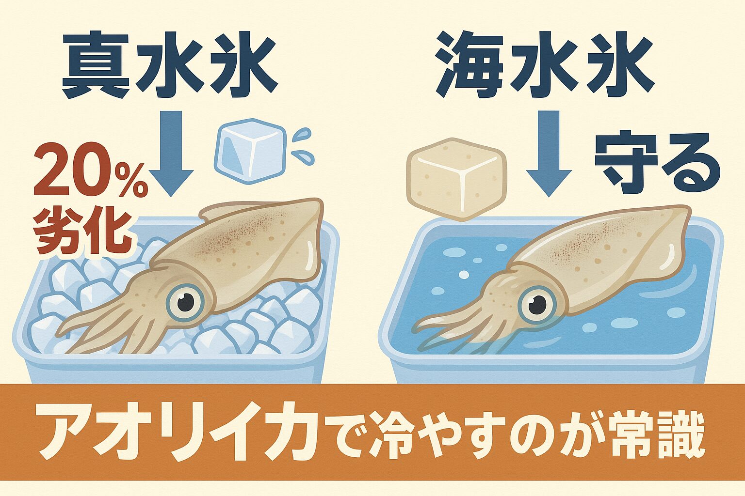 真水氷でアオリイカを冷やすと、細胞が破壊されて旨味成分が流出。海水氷なら塩分バランスが守られ、鮮度・甘み・見た目すべてで20〜30%上回る。冷やし方で“釣果の価値”は変わる。釣太郎