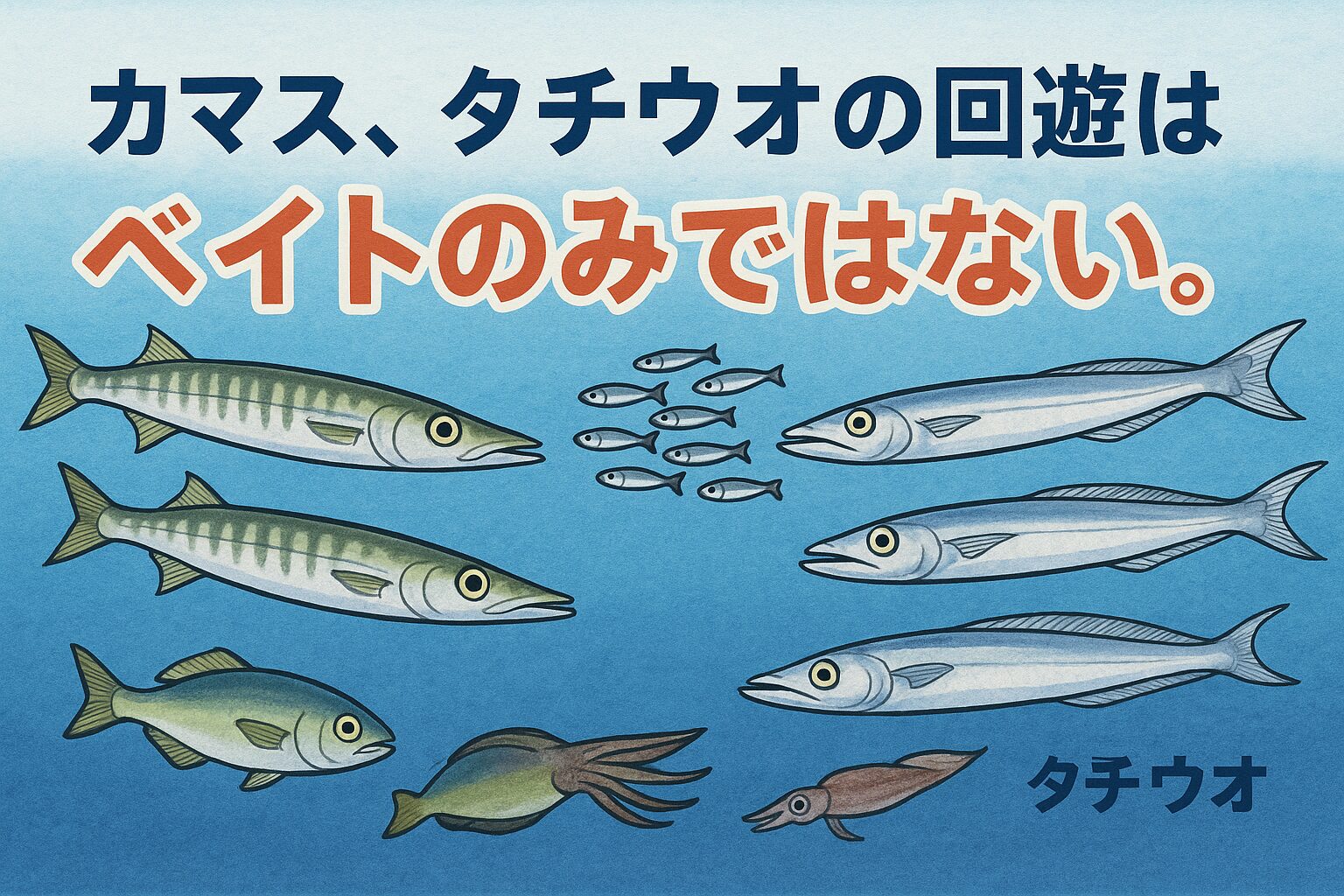 カマスやタチウオの回遊を読み解くには、パズルを組み立てるような思考が必要です。[ベイト]：彼らがそこに留まる「食事」の理由はあるか。[水温]：彼らが快適に過ごせる「環境」か。[産卵]：彼らがそこに集まる「本能的」な理由（季節）か。[時間]：彼らが活動的になる「タイミング」か。釣太郎