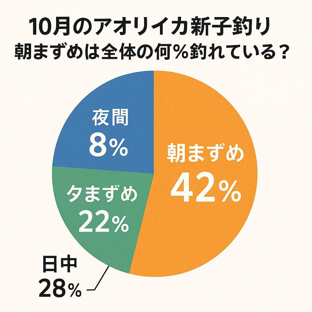 10月のアオリイカ新子釣りでは、朝まずめが全体の約42%を占める圧倒的なチャンスタイム。釣太郎