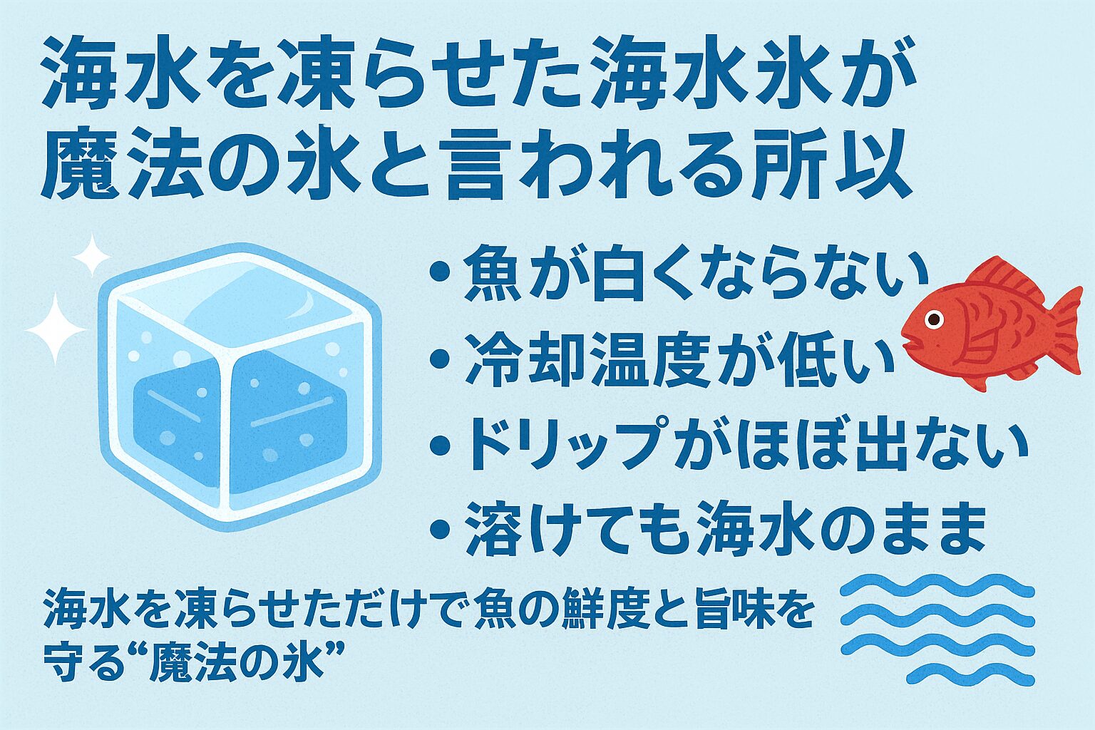 海水氷は−1.8℃の低温で冷却力抜群。魚の細胞を壊さず、鮮度3倍
・真水氷よりも旨味・色・食感すべてで上回る。1kg200円3kg400円で販売中。“海の力をそのまま閉じ込めた氷”それが、釣太郎の【魔法の海水氷】。