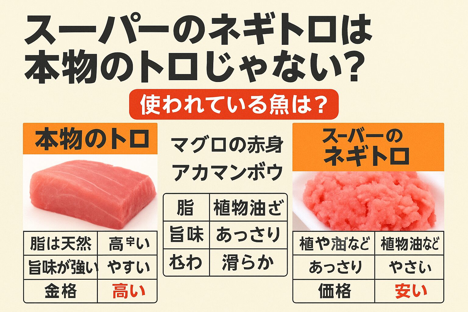 スーパーのネギトロは、マグロ赤身をベースにアカマンボウや植物油を加え、“トロ風の口どけ”を再現した加工食品。本物のトロではないが、安全で安価に楽しめる「再現型トロ」。 本物の旨味はないが、コスパの高い商品といえます。釣太郎