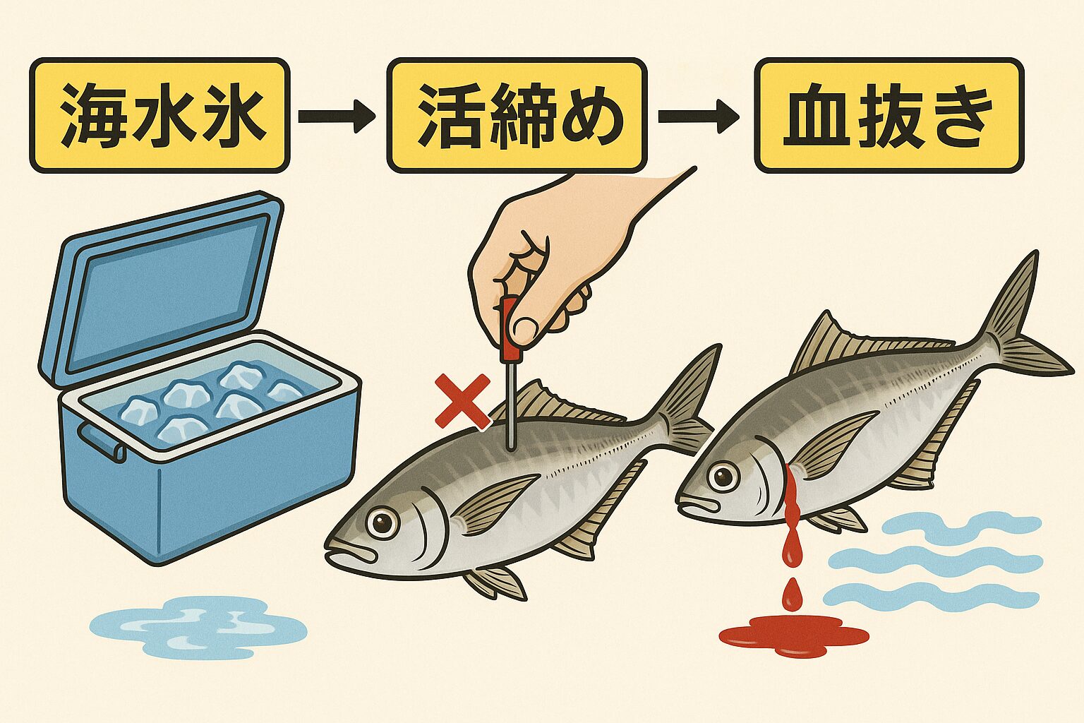 活締めはストレスを止め、旨味を守る ・血抜きは臭みを防ぎ、保存性を高める ・両方を行うことで味は3割以上アップ ・最後に海水氷で冷やすと、プロ級の仕上がりに。釣太郎