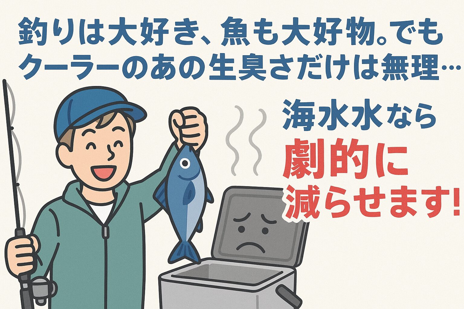 海水氷は、塩分・低温・浸透圧の3つの力で魚の臭いを根本から防ぐ。普通氷では臭いが発生しやすいが、海水氷なら−1.8℃で鮮度を保ち、ドリップを抑制。釣り人の「クーラーが臭う」悩みを大幅削減。釣太郎