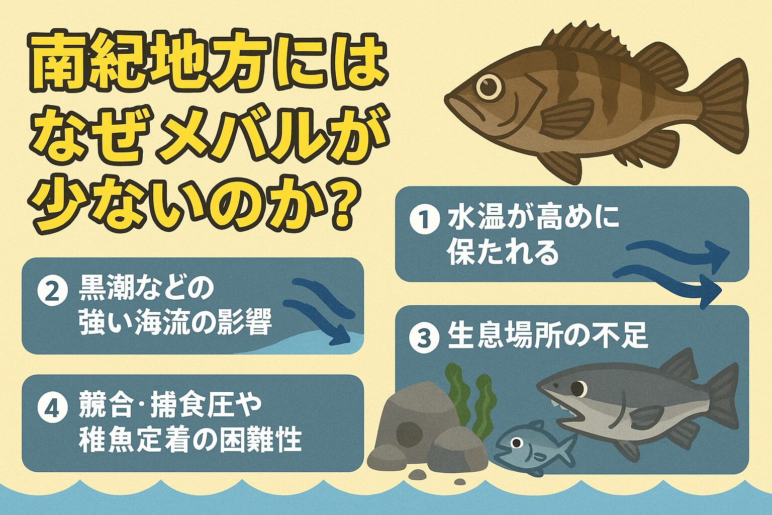 南紀地方でメバルが少ない主な原因としては以下のような要因が考えられます:水温が高めに保たれること(南方系・黒潮影響)黒潮などの強い海流の影響 生息場所(藻場・隠れ場・浅場構造)の不足 競合・捕食圧や生態的制約。繁殖・稚魚定着の困難性。釣太郎