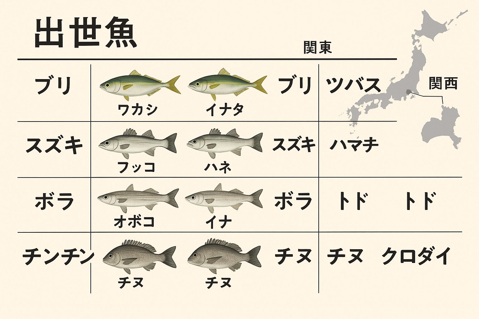 出世魚とは、成長に合わせて名前が変わる魚のこと。ブリ・スズキ・ボラ・クロダイなどが代表格です。その由来は成長と出世を重ねた日本的な発想であり、も縁起物として人々に親しまれています。釣太郎